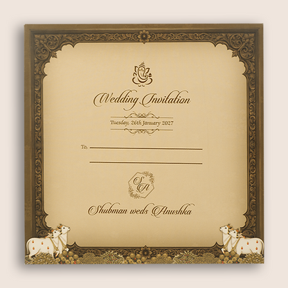 Brown Lord Radha Krishna Laser Cut Padded Wedding Card - KRB10700