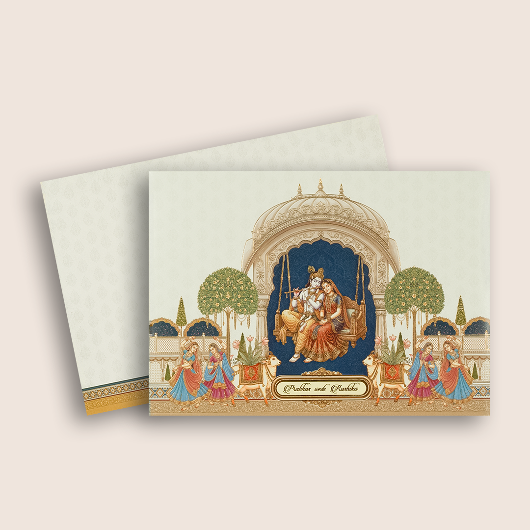 White Lord Radha Krishna Padded invitation card - KAA06160