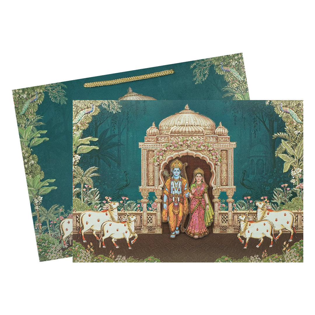 Navy Blue Ram Sita Mandir Bag Style Wedding Card-KSI6517R
