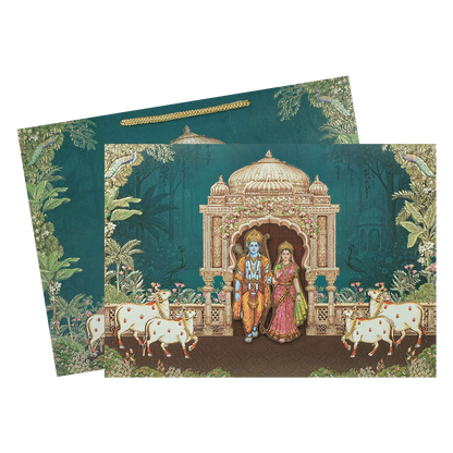 Navy Blue Ram Sita Mandir Bag Style Wedding Card-KSI6517R