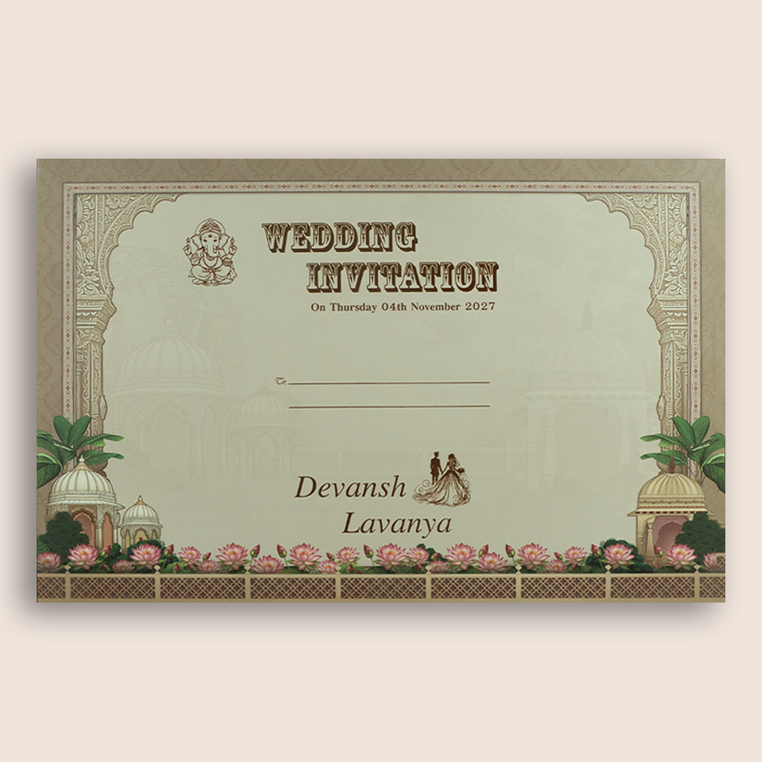 Brown Rajasthani Jharokha Padded Marriage Invitation Card - KSH18270