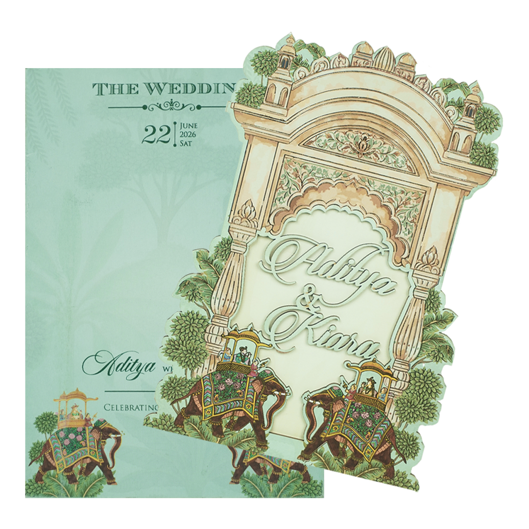 Mint Green Palace Elephant Laser Cut Wedding Card - KFR15130