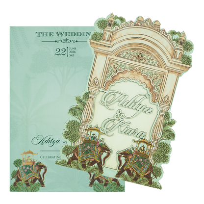 Mint Green Palace Elephant Laser Cut Wedding Card - KFR15130