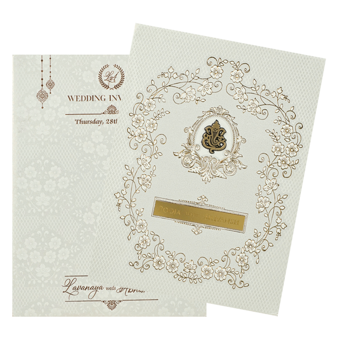 White Ganesha Floral Border Padded Wedding Card-KRE26410