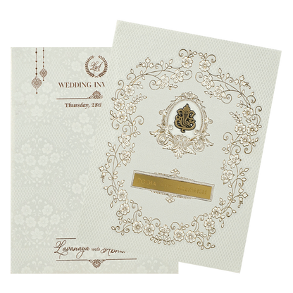 White Ganesha Floral Border Padded Wedding Card-KRE26410
