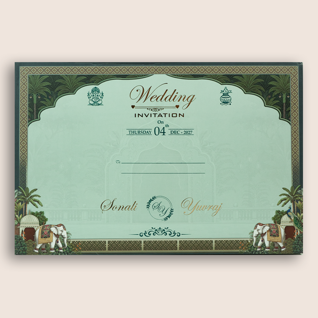 Green Elephant Laser Cut Padded Wedding Card - KSH18020