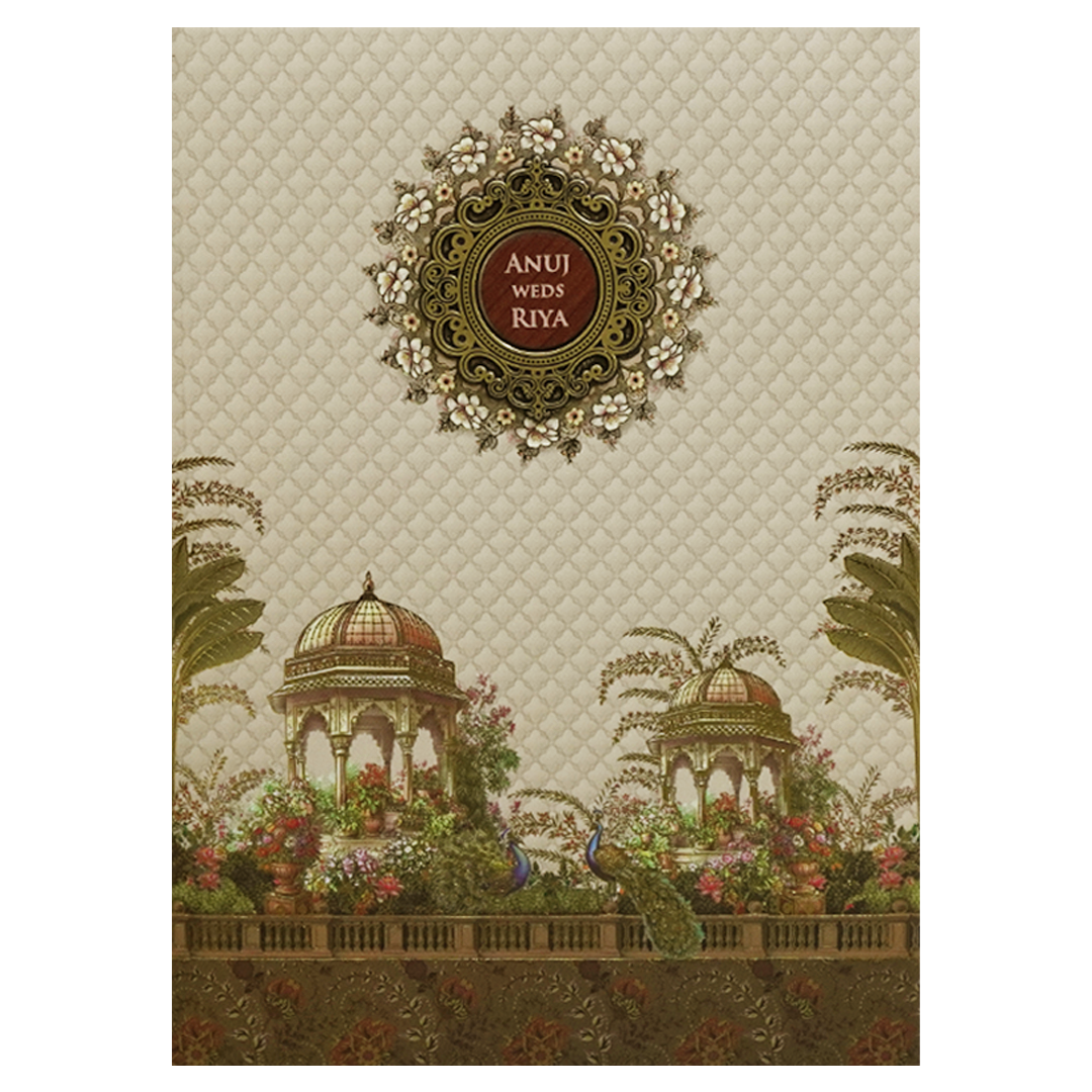 Cream Palace Peacock Padded Wedding Card - KSH72470