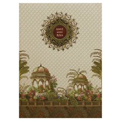 Cream Palace Peacock Padded Wedding Card - KSH72470