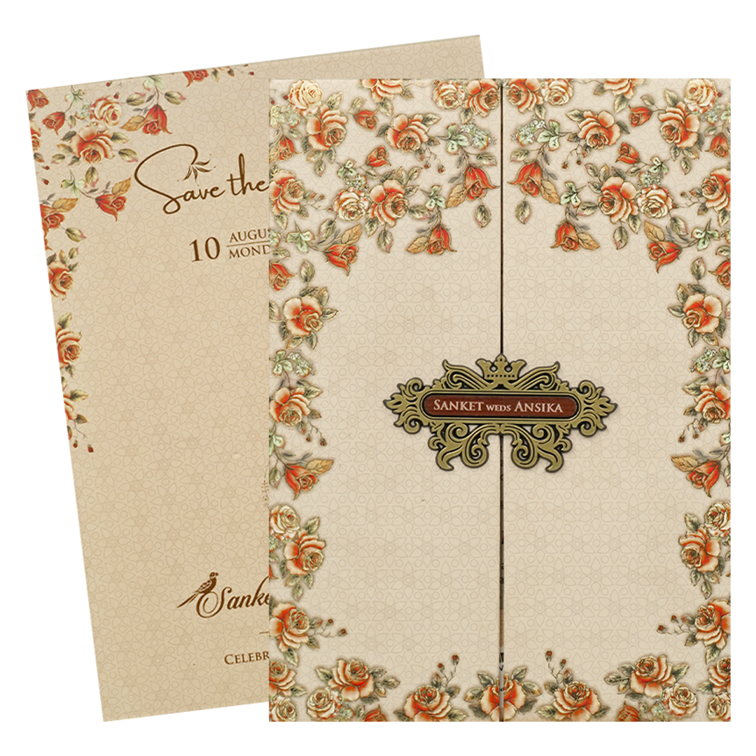 Ivory Floral Padded Wedding Card-KVN07230