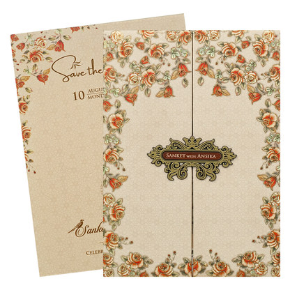 Ivory Floral Padded Wedding Card-KVN07230