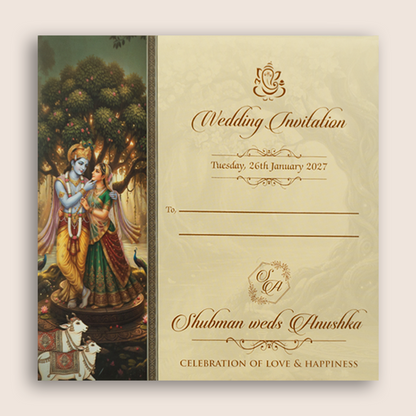 Green Lord Radha Krishna Padded Wedding Invitation - KRB10530