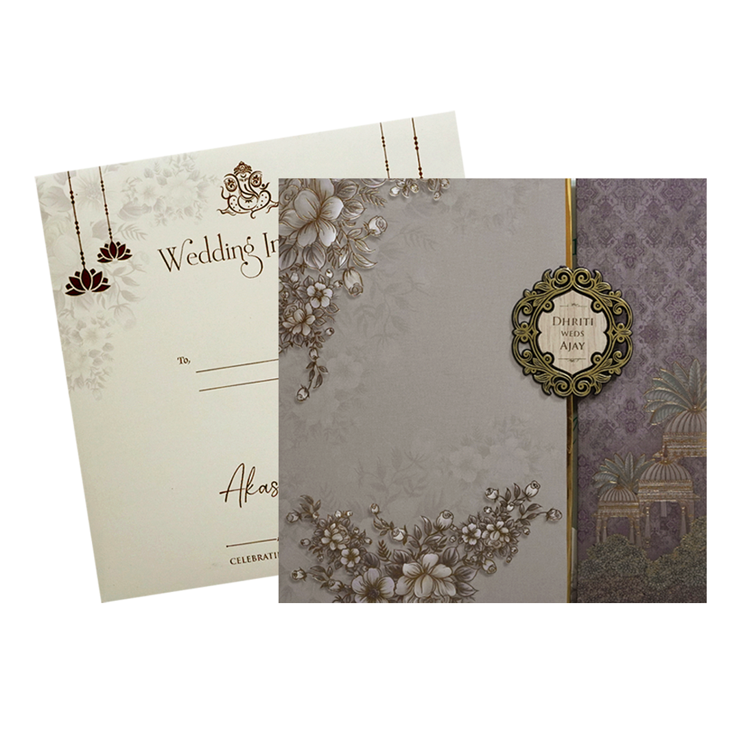 Grey Gold Floral Padded Wedding Card - KSH72980