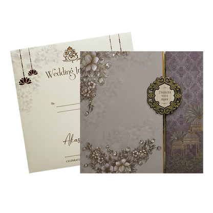 Grey Gold Floral Padded Wedding Card - KSH72980