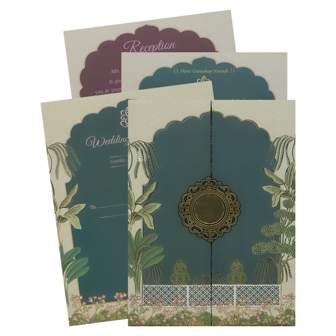 Blue Pastel Garden Padded Wedding Card-KJTS3676