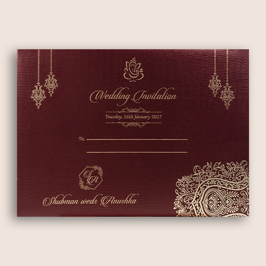 Maroon Floral Door Style Padded Wedding Invitation - KRB10500