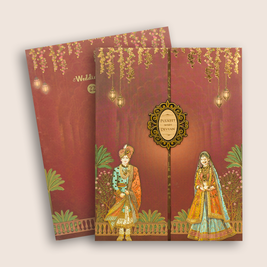 Dark Pink Bride Groom Padded Door Style Invitation Card - KJTS1835