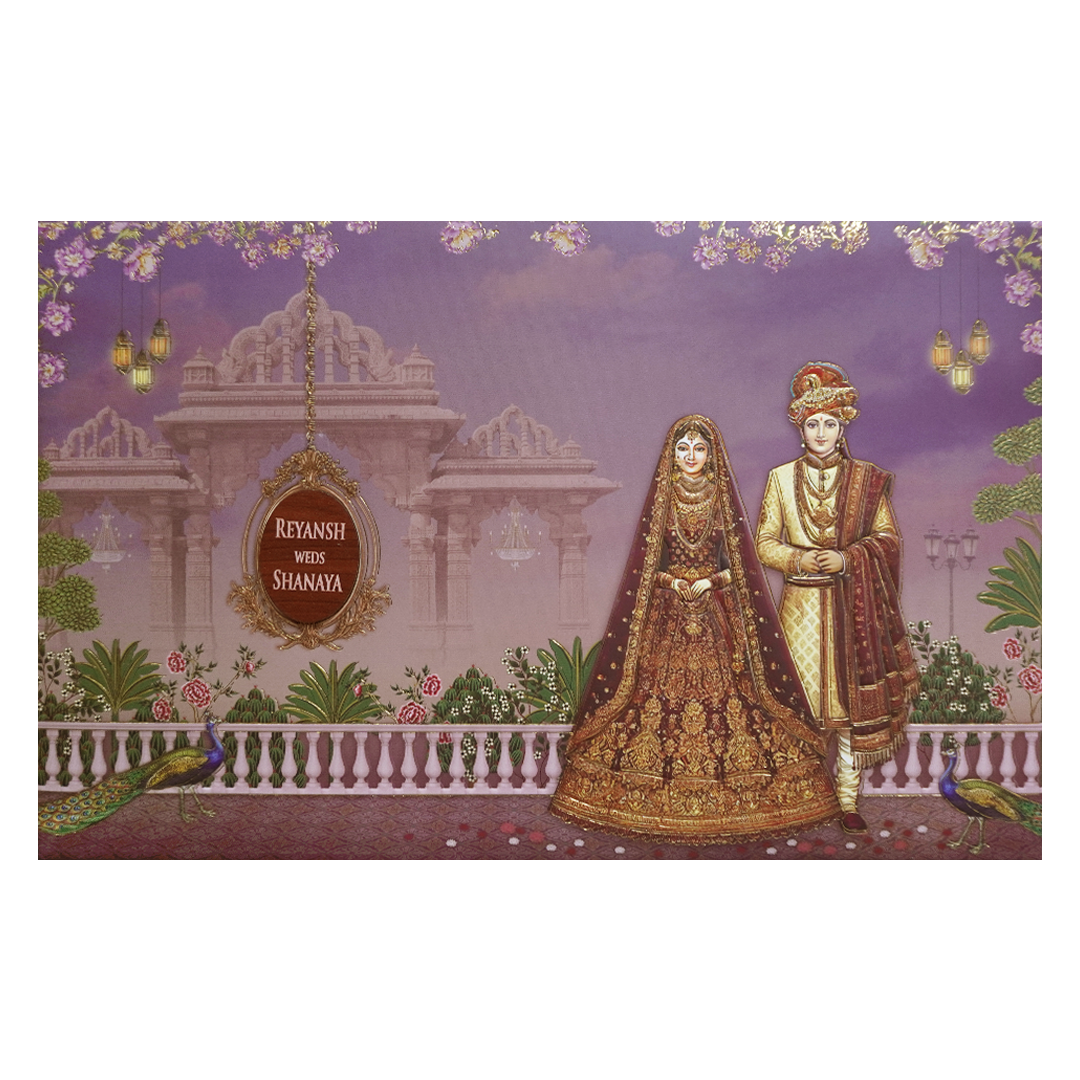 Royal Couple Purple Palace Padded Wedding Card - KVN07740