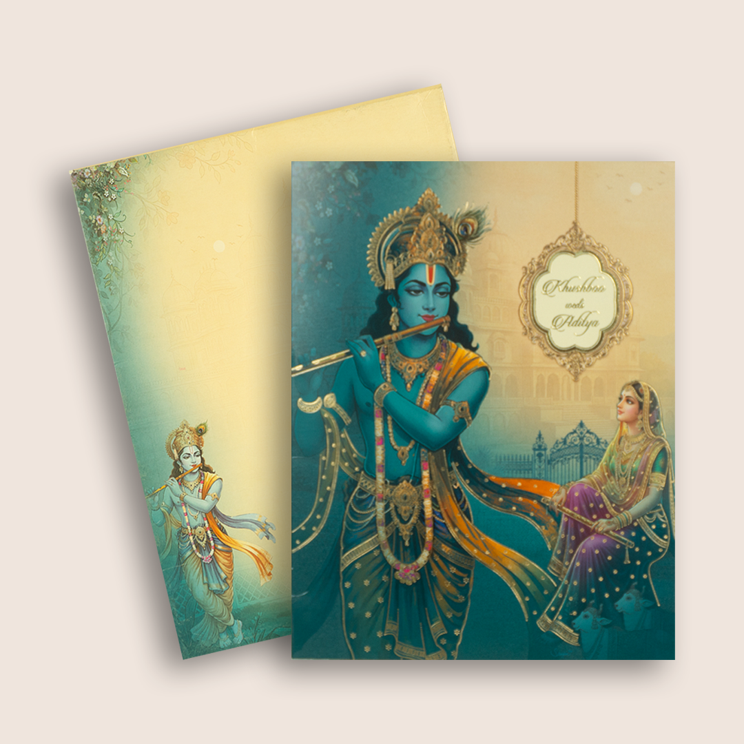 Blue Radha Krishna Premium Wedding Card - KAA05020