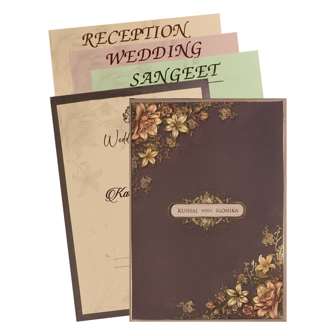 Brown Floral Padded Wedding Card-KSH72520