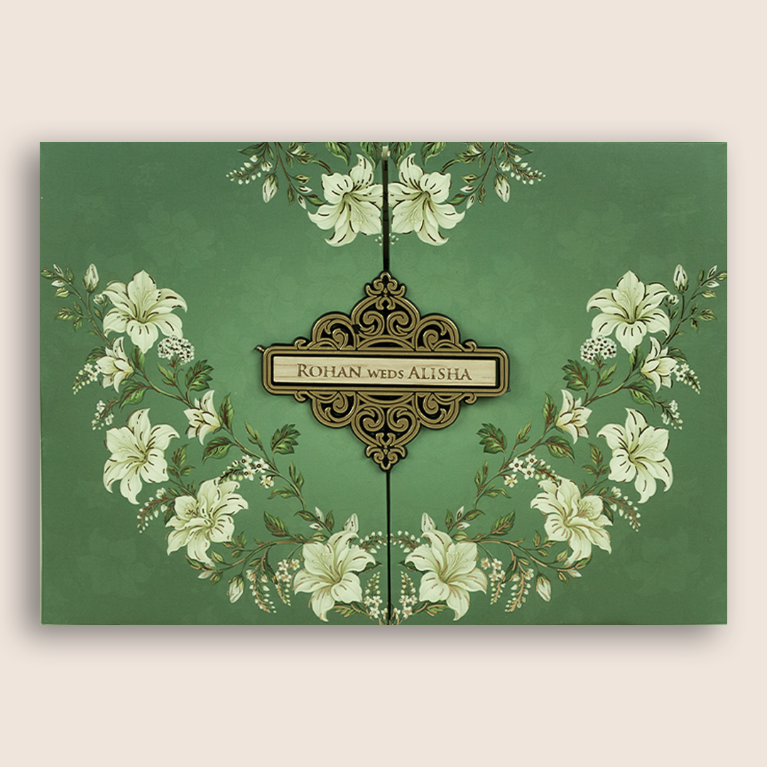 Dark Green Lilly Flower Door Style Padded Marriage Card - KFR17380