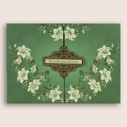 Dark Green Lilly Flower Door Style Padded Marriage Card - KFR17380