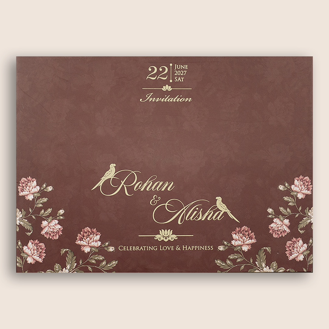 Maroon Floral Door Style Padded Wedding Card - KFR17350
