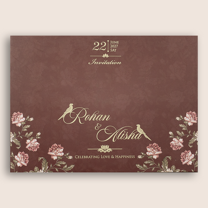 Maroon Floral Door Style Padded Wedding Card - KFR17350