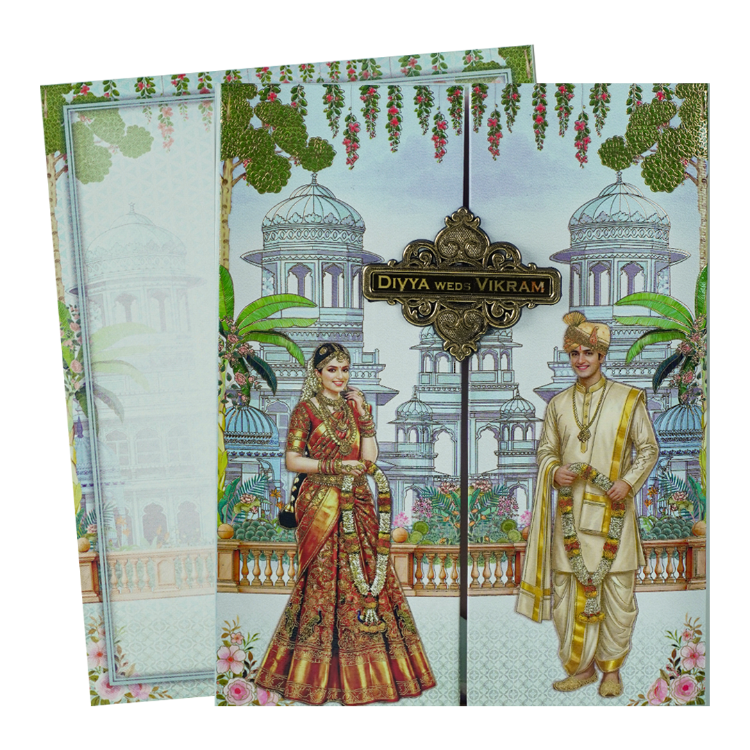 Blue Padded Bride Groom Wedding Card-KNMO9317