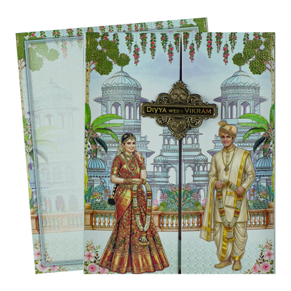 Blue Padded Bride Groom Wedding Card-KNMO9317