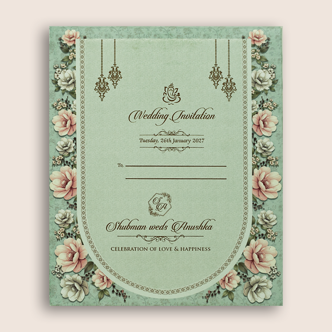 Teal Green Floral MDF Laser Cut Wedding Invitation Card - KRB10050