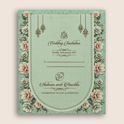 Teal Green Floral MDF Laser Cut Wedding Invitation Card - KRB10050
