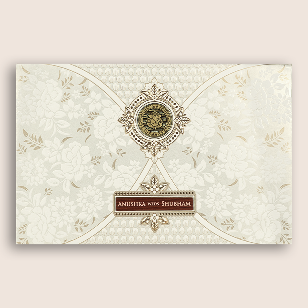 White Embossed Floral Padded Wedding Invitation - KSH73530