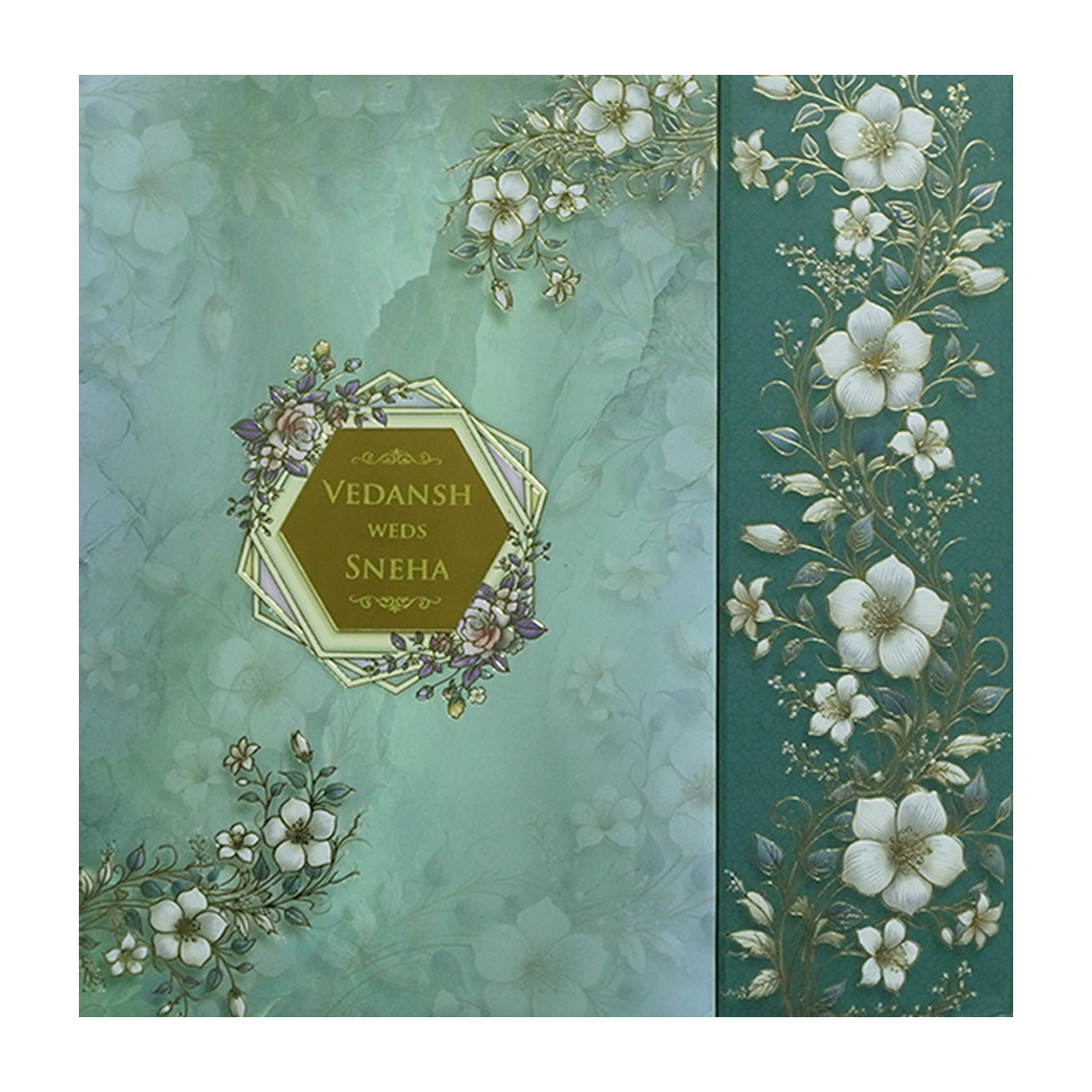 Blue Floral Padded Wedding Card - KSH72840