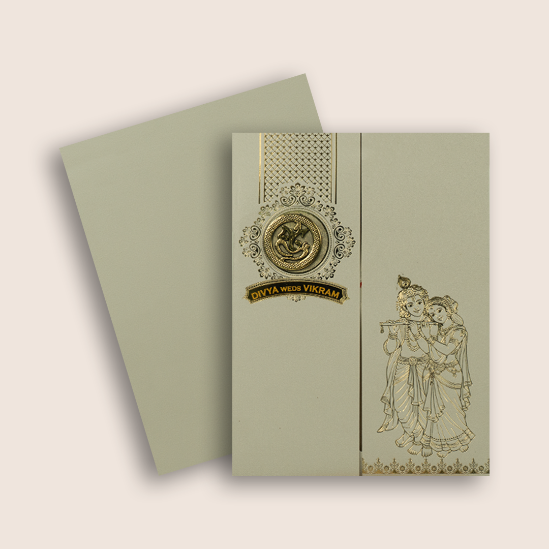 Light Grey Lord Radha Krishna Door Style Wedding Card - KNRR8709LG
