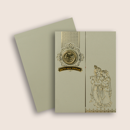 Light Grey Lord Radha Krishna Door Style Wedding Card - KNRR8709LG