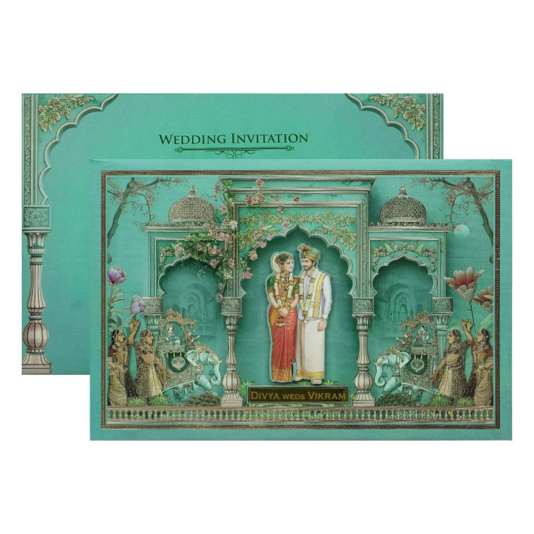 Green Padded Bride Groom Palace Wedding Card-KNAK4701