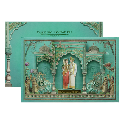 Green Padded Bride Groom Palace Wedding Card-KNAK4701