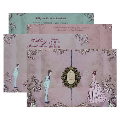 Lavender Bride Groom Padded Wedding Card-KJTS1837