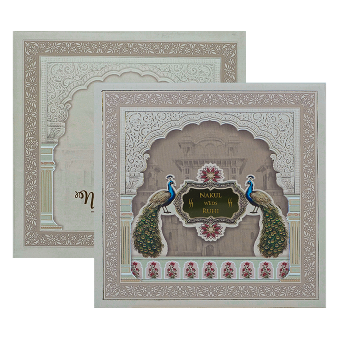 Royal Arch Peacock Padded Wedding Card-KRE27930