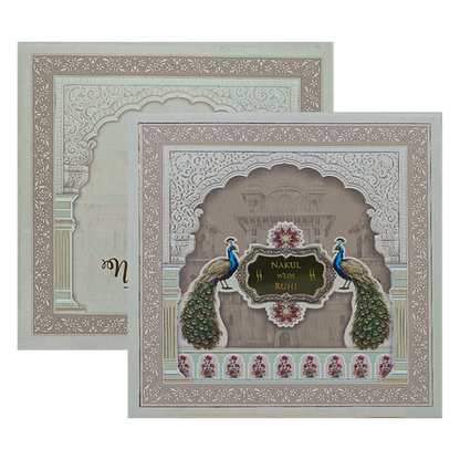 Royal Arch Peacock Padded Wedding Card-KRE27930