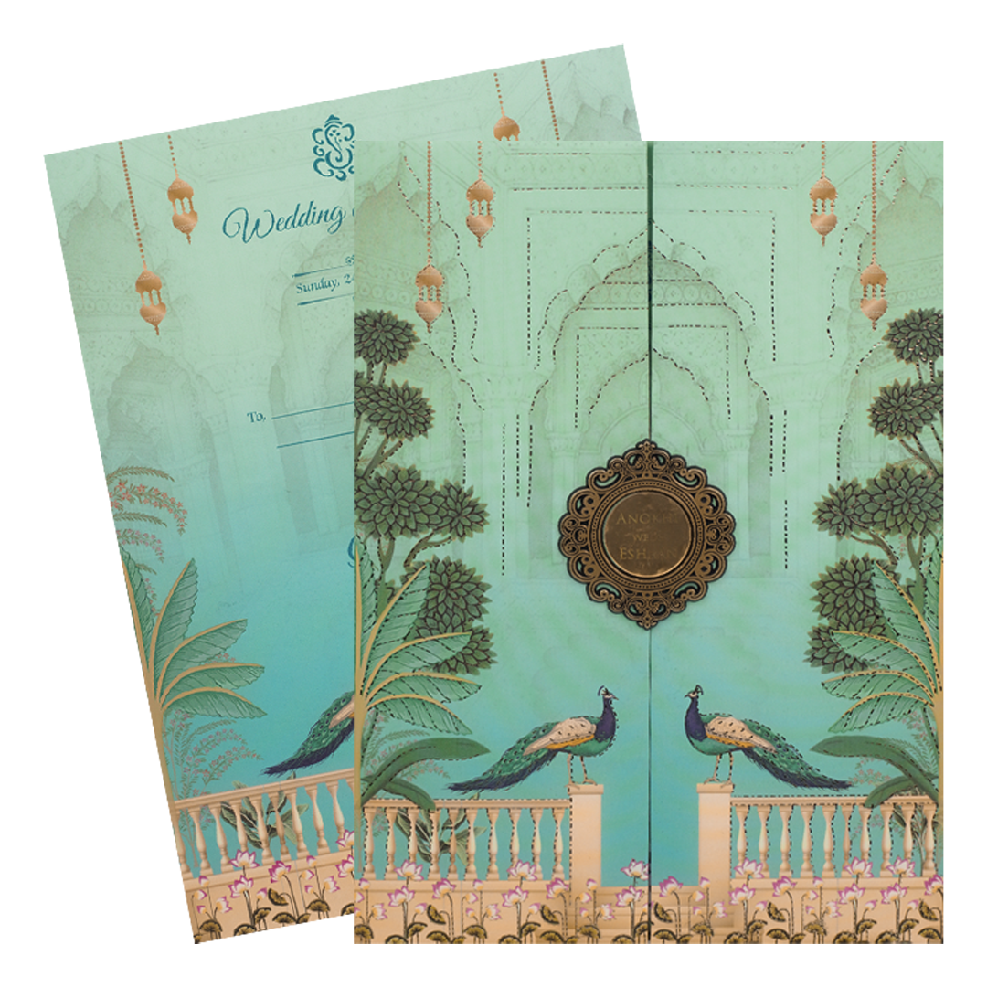 Green Peacock Door Style Padded Wedding Card-KJTS3660