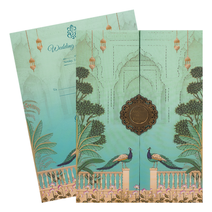 Green Peacock Door Style Padded Wedding Card-KJTS3660