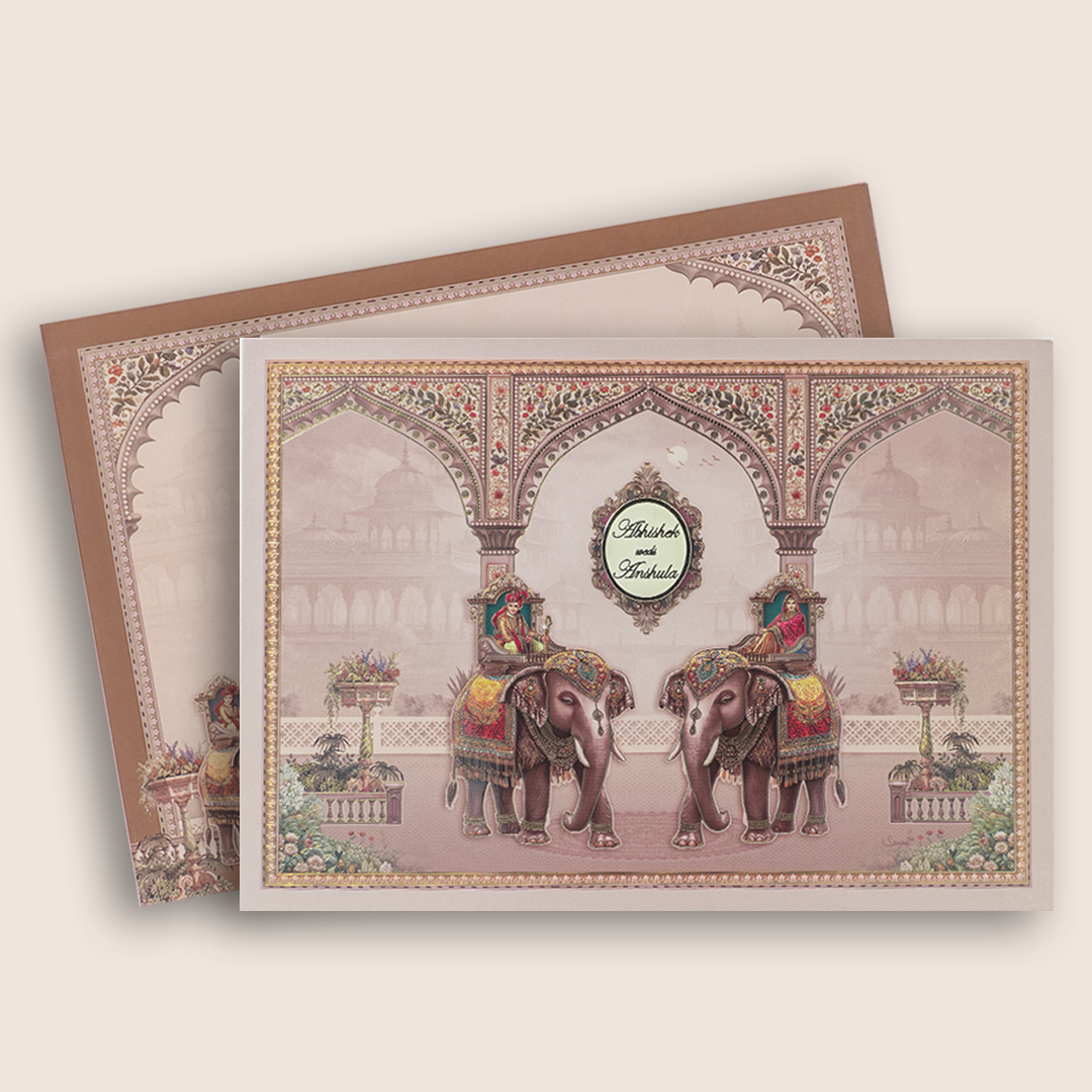Warm Pink Royal Elephant Bride Groom Wedding Card - KAA05340