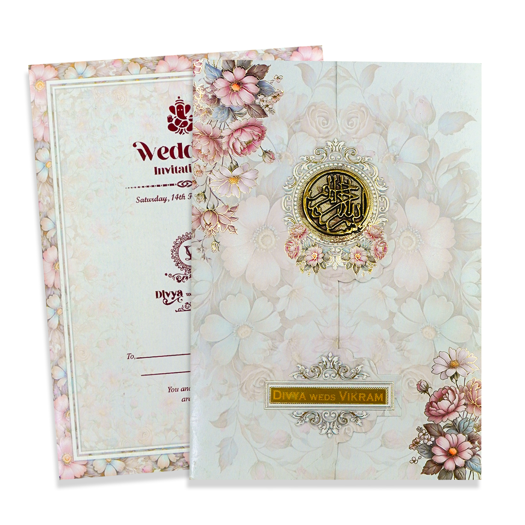 Grey Floral Door-Style Opening Wedding Card-KNBL1701M
