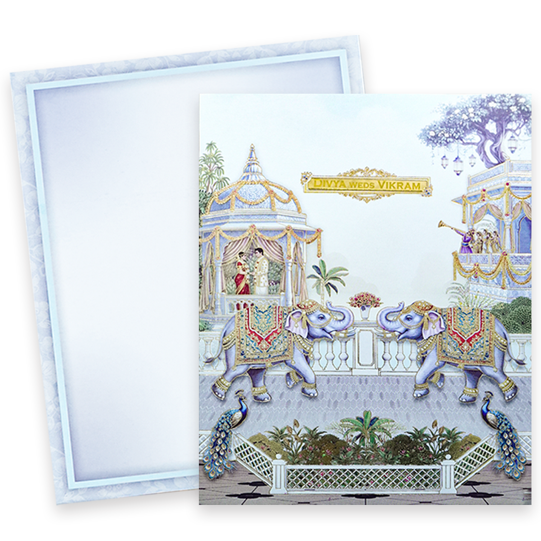 Blue Floral Elephant Wedding Card-KNKJ1160