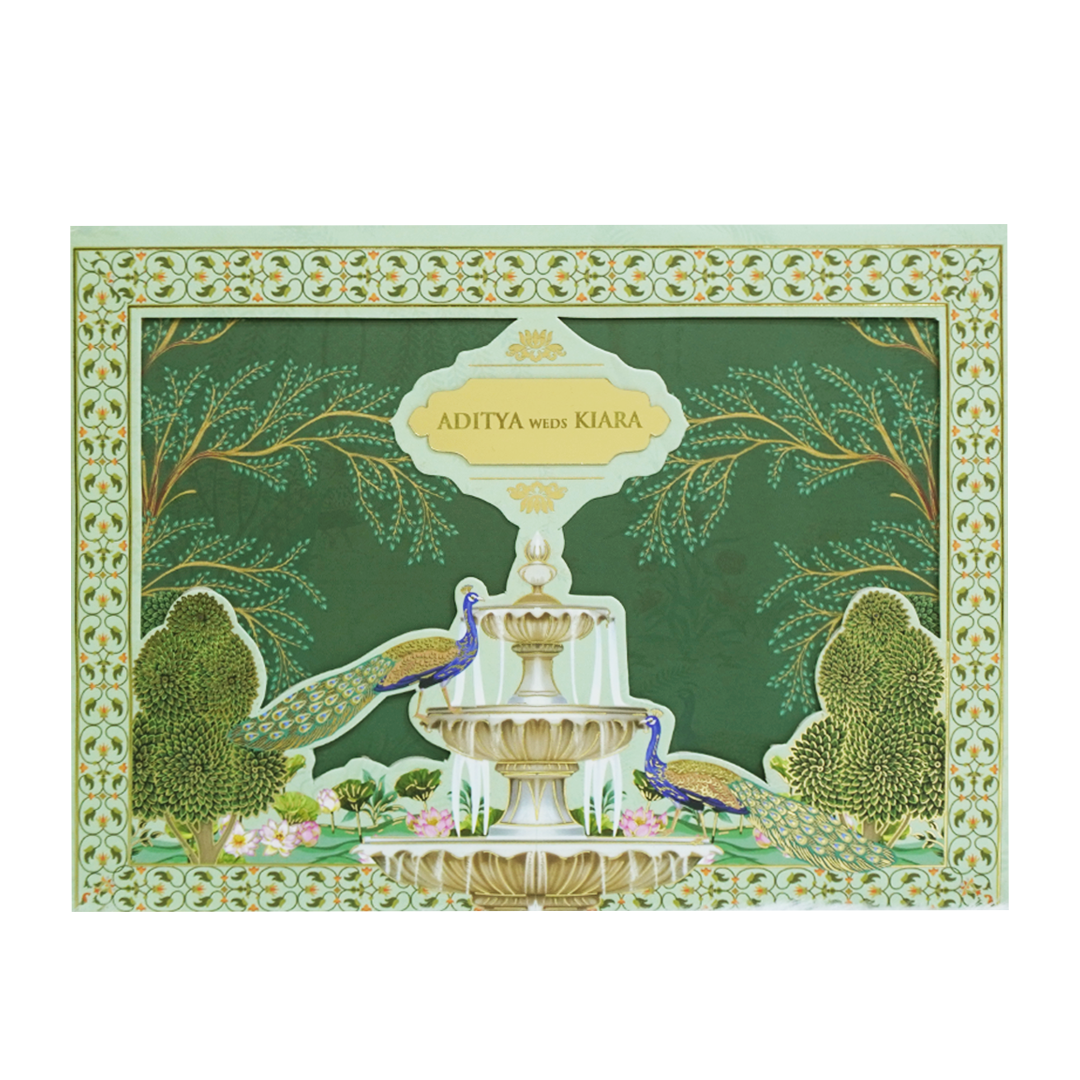 Emerald Green Fountain Peacock Wedding Card - KFR16270