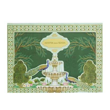 Emerald Green Fountain Peacock Wedding Card - KFR16270