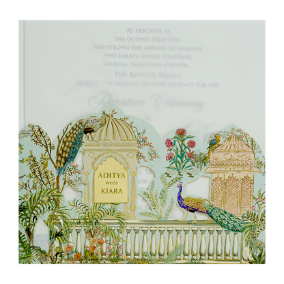 Pastel Green Peacock Dome Wedding Card-KFR15200