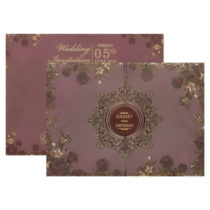 Check out Voilet Floral Gold Padded Wedding Card at best price.✅WhatsApp Support ✅Express Delivery.|King of cards.
