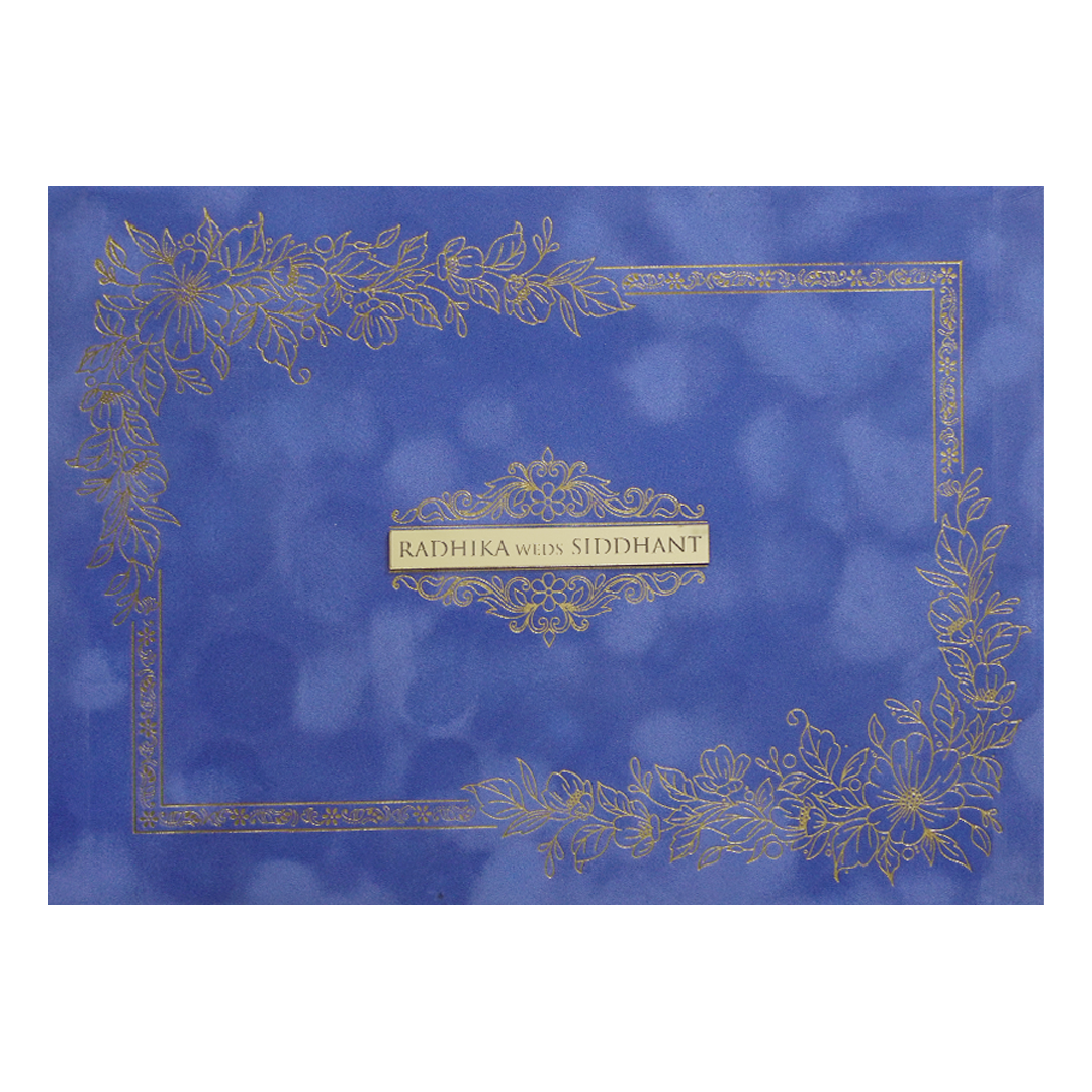 Blue Gold  Velvet Floral Padded Classic Wedding Card-KMMWD1132